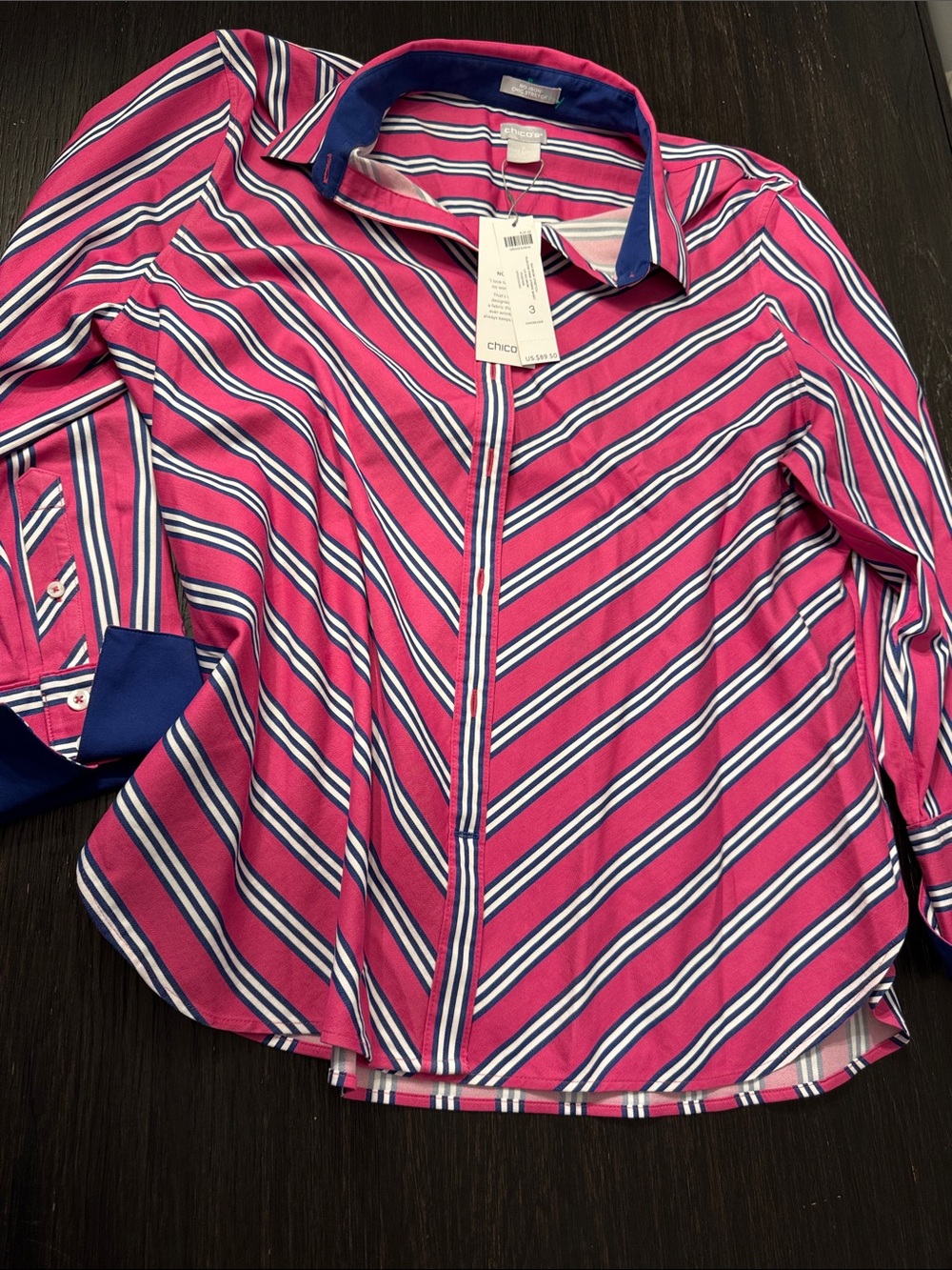 Chico's Bright Pink Striped Button-Down with Navy Trim